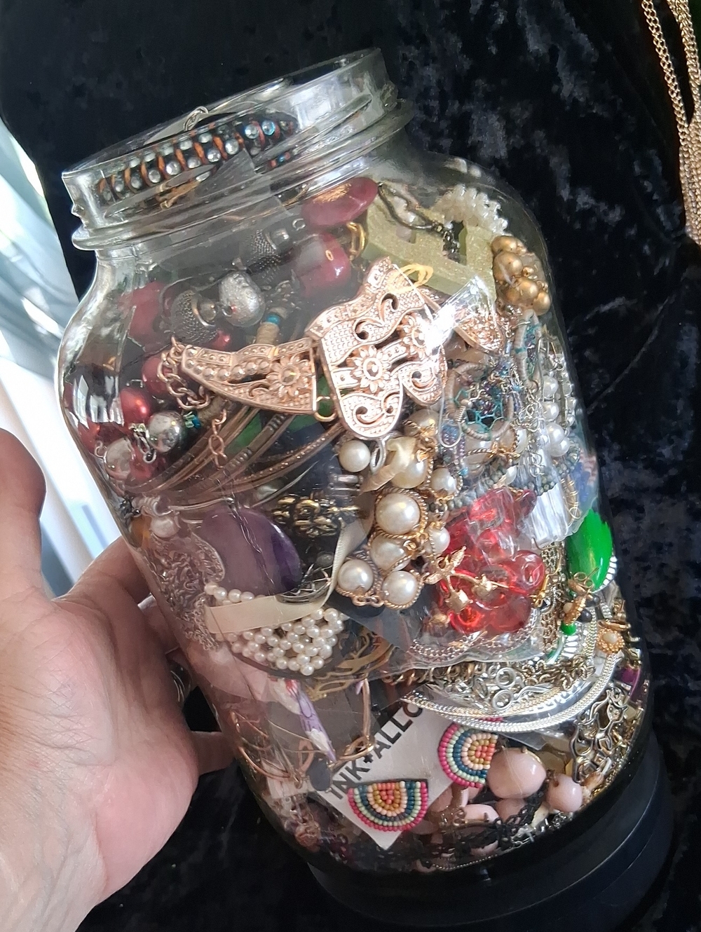 Mixed Womens Jewelry Jar - Assorted Gold, Pearl, Red, Green Accents 1 gallon